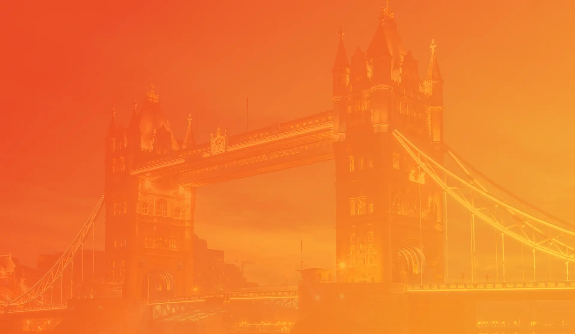 A faded, warm-toned image of London's Tower Bridge with its iconic Gothic towers and suspended cables rendered in orange and golden hues.